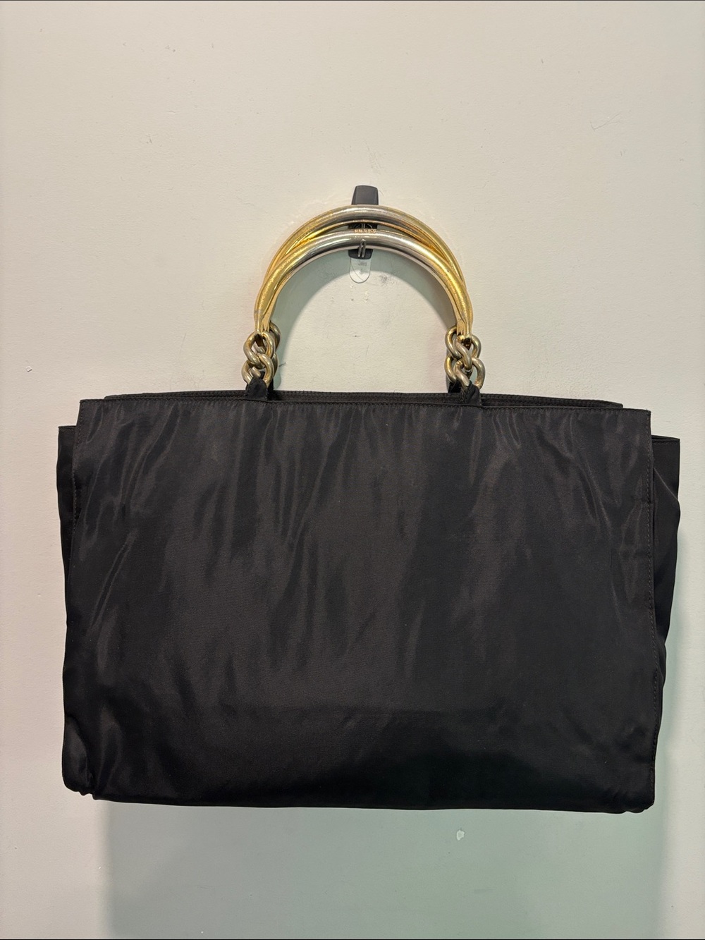 Prada Black Nylon Tote with Gold-Tone Double Ring Handles designer chic - Picture 6 of 16